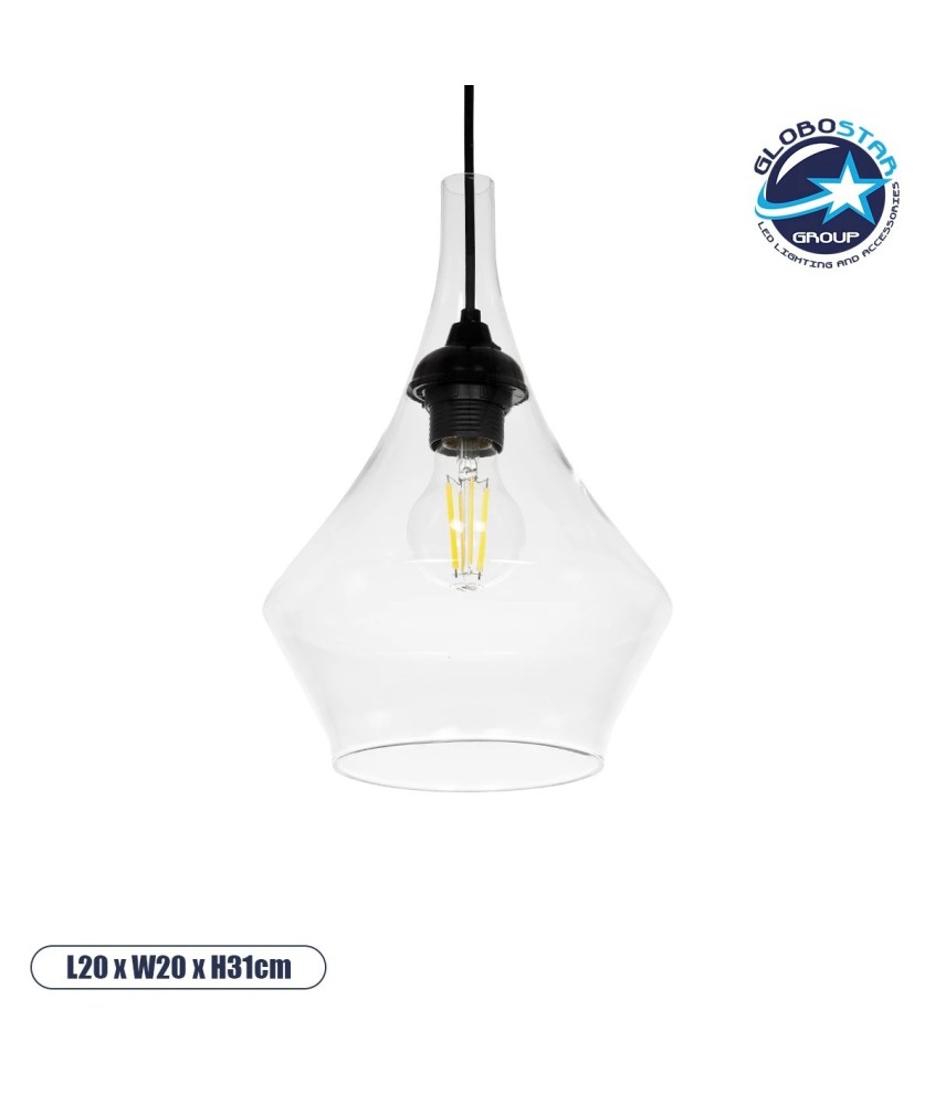 GLOBOSTAR® TORU 206-0042 Μοντέρνο Κρεμαστό Φωτιστικό Οροφής με Ντουί 1 x E27 AC 220-240V IP20 - Διάφανο - Μ20 x Π20 x Υ31cm